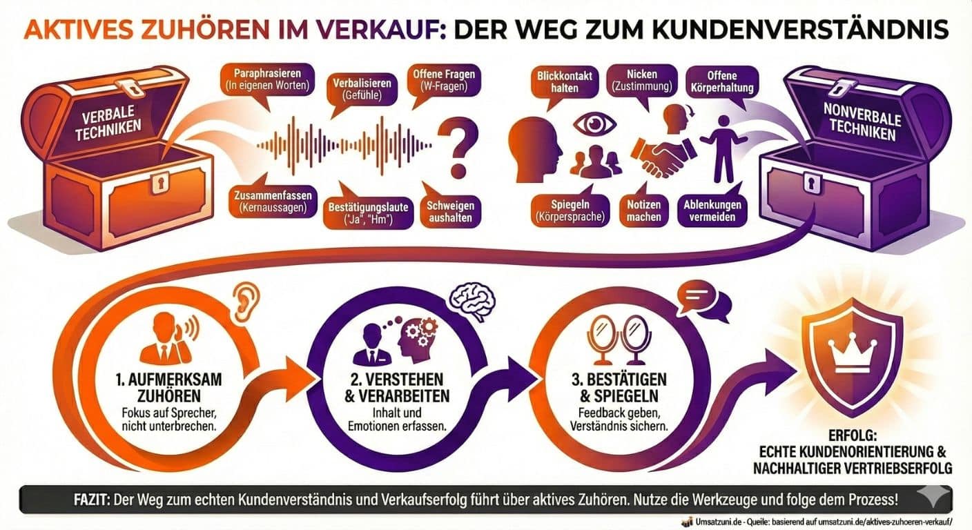 Infografik Aktives Zuhören im Verkauf: Visualisierung verbaler und nonverbaler Techniken (z.B. Paraphrasieren, Blickkontakt) sowie der 3-Stufen-Prozess vom Zuhören bis zum Spiegeln.